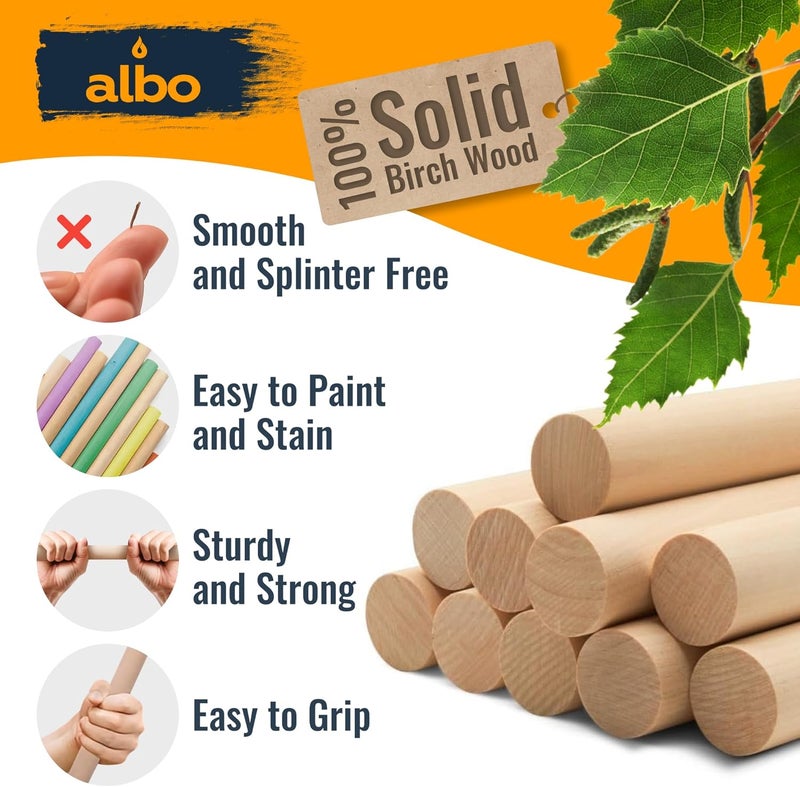 ALBO 1" x 24" Wooden Dowel Rods Set - 5 Pack Birch Natural Heavy Duty Hardwood Craft Sticks Furniture Woodworking Smooth Sanded Finish Railings Supports Decor Crafts Bulk Professional Pack - Image 4